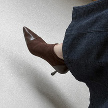 羊皮弹力绒深口单鞋女鞋秋冬新款真皮尖头细跟高跟鞋女时装单鞋潮