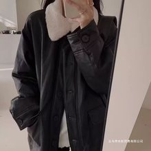 港风复古皮衣女冬季2024新款加绒加厚宽松休闲保暖中长款皮衣外套