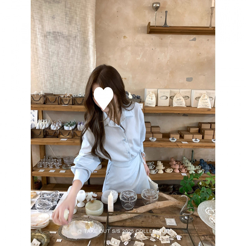 现货外卖到了蓝屿海岛早秋设计感假两件天丝衬衫连衣裙收腰裙长裙|undefined