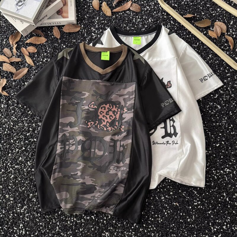 American Retro V Neck Contrasting Leopard Print Skull Mesh Jersey Short-Sleeved T-Shirt Women's Summer Loose and Versatile Top