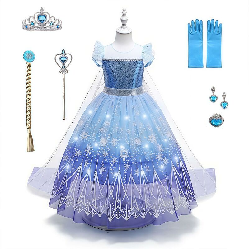 女の子用光るロングドレス アナと雪の女王 エルサ プリンセスドレス パフスリーブワンピース 取り外し可能なフロア丈のトレーン付き子供ドレス|undefined