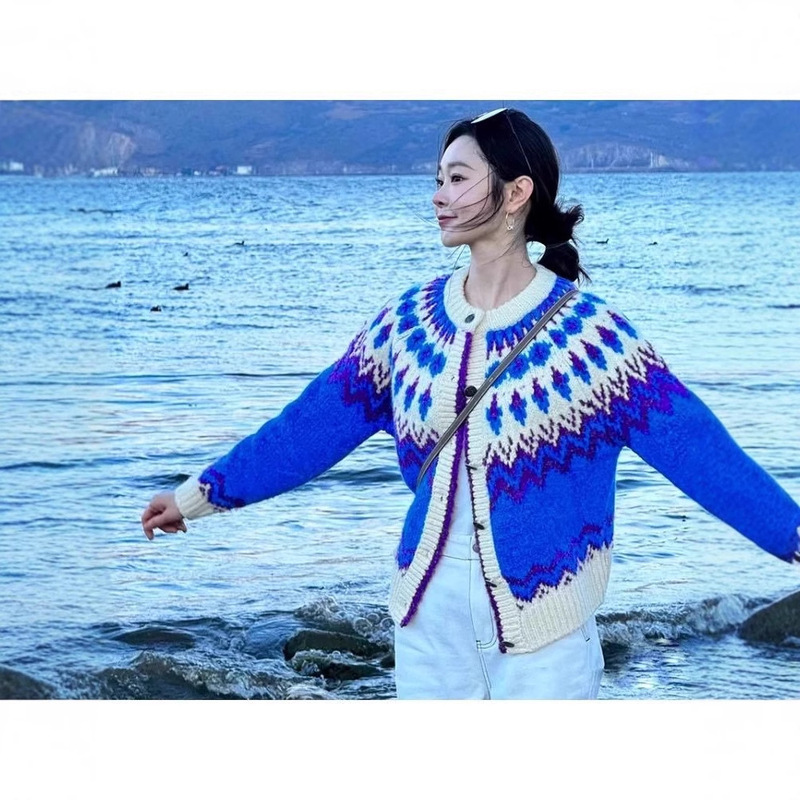 现货韩国小众潮牌针织衫开衫复古撞色提花费尔岛毛衣女外套|undefined