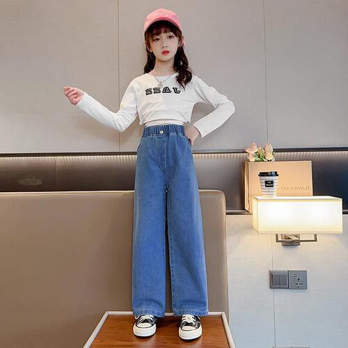 Girls' Wide-Leg Denim Spring  New Trendy Children's Spring Outfit Pants for Older Children Stylish Casual Trousers