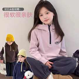 女童潮流冷帽套头帽中大童秋冬新款纯色半拉链时尚长袖连帽衫卫衣