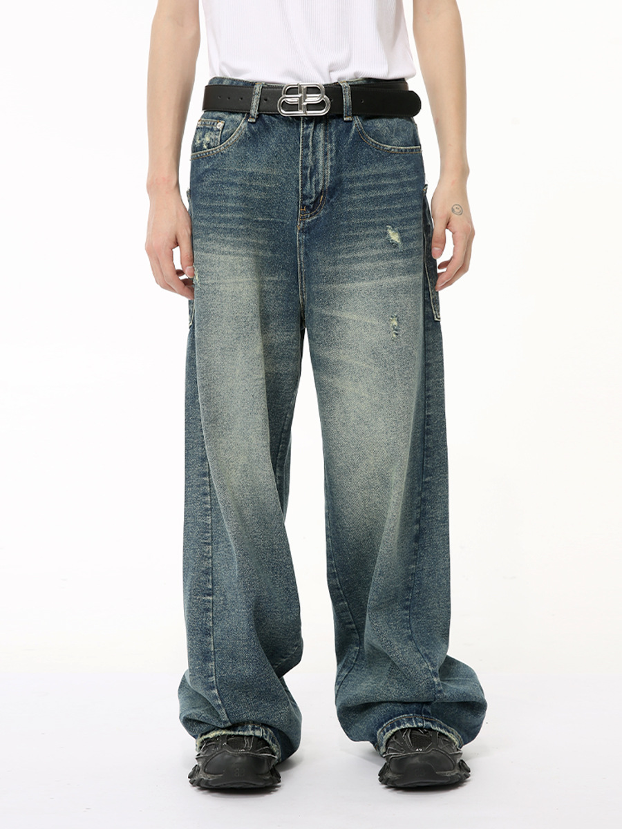 MTLCLOTHES Hombres| 2024 verano nuevos productos americanos de alta calle desgastados empalmados bolsillo grande sensación de vaqueros