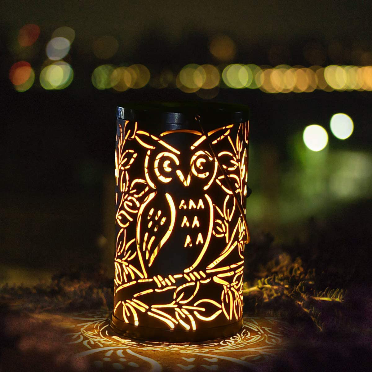 跨境款太阳能猫头鹰铁艺投影灯电商猫头鹰花园装饰叶子树林吊灯|ru