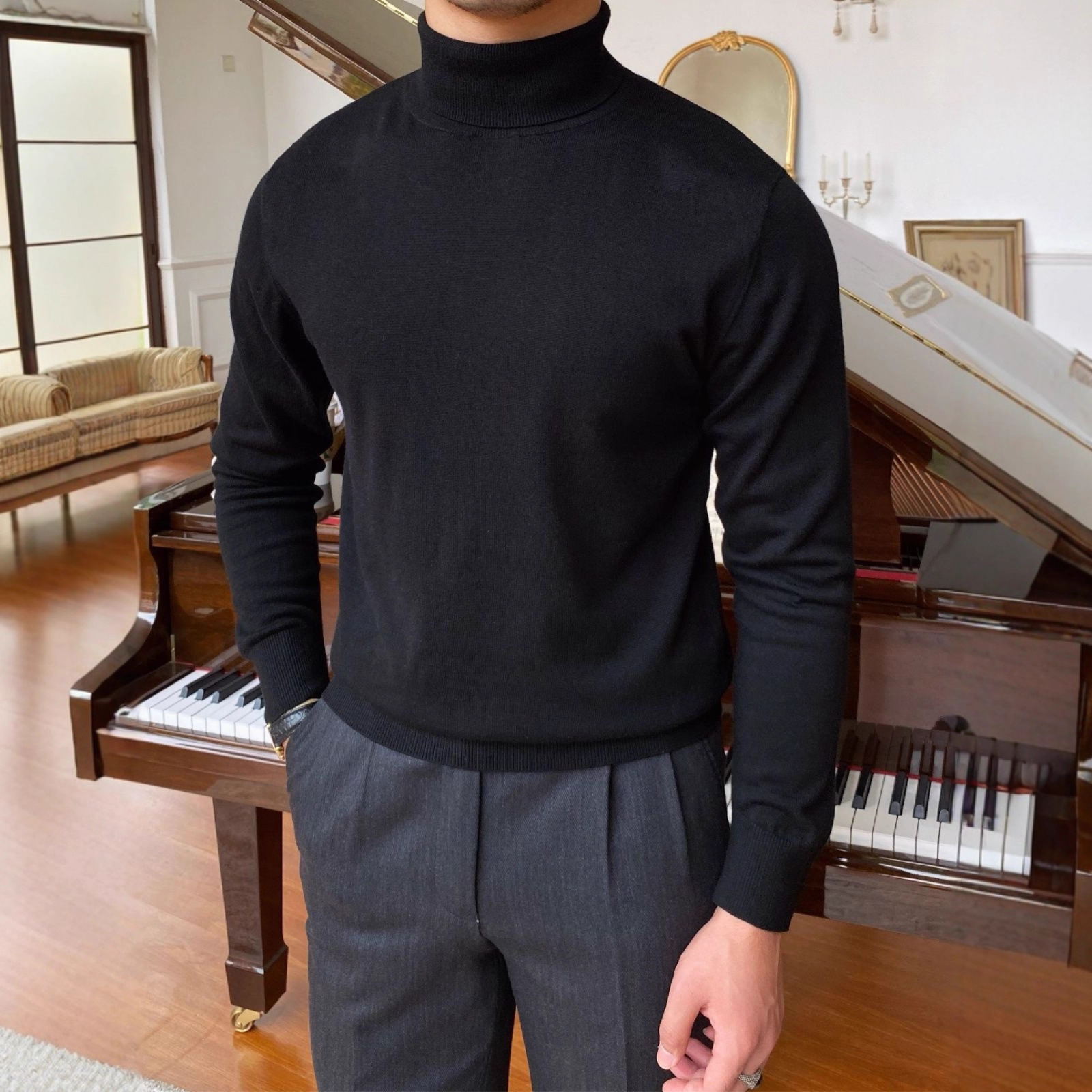 Men's Slim-Fit Turtleneck Sweater – Business Casual Knit Pullover, Wrinkle-Resistant & Warm (M-3XL, 13 Colors)_voghion.com