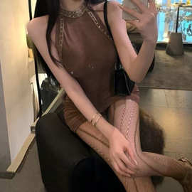 辣妹风挂脖镂空连衣裙女夏季收腰显瘦包臀短裙纯欲性感显身材裙子