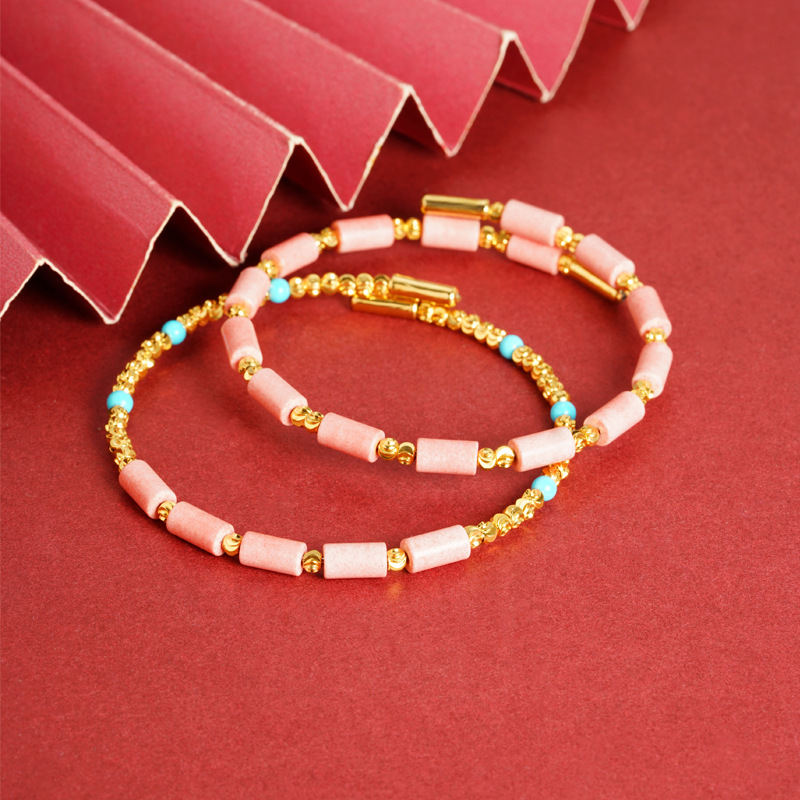 Pulsera con cuentas turquesa con costuras rosas de oro de arena antigua de Vietnam
