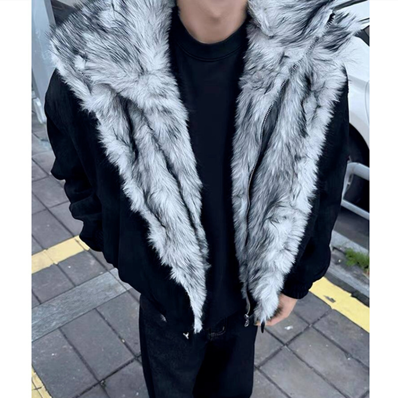 2025 Winter National Trend Couple's American-Style Thickened Jacket with Faux Two-Piece Design and Fur Collar Men's Cotton Coat