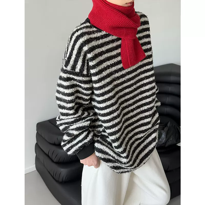 橘芷加厚卷毛绒条纹打底衫2025冬新款慵懒风套头宽松卫衣女867-1