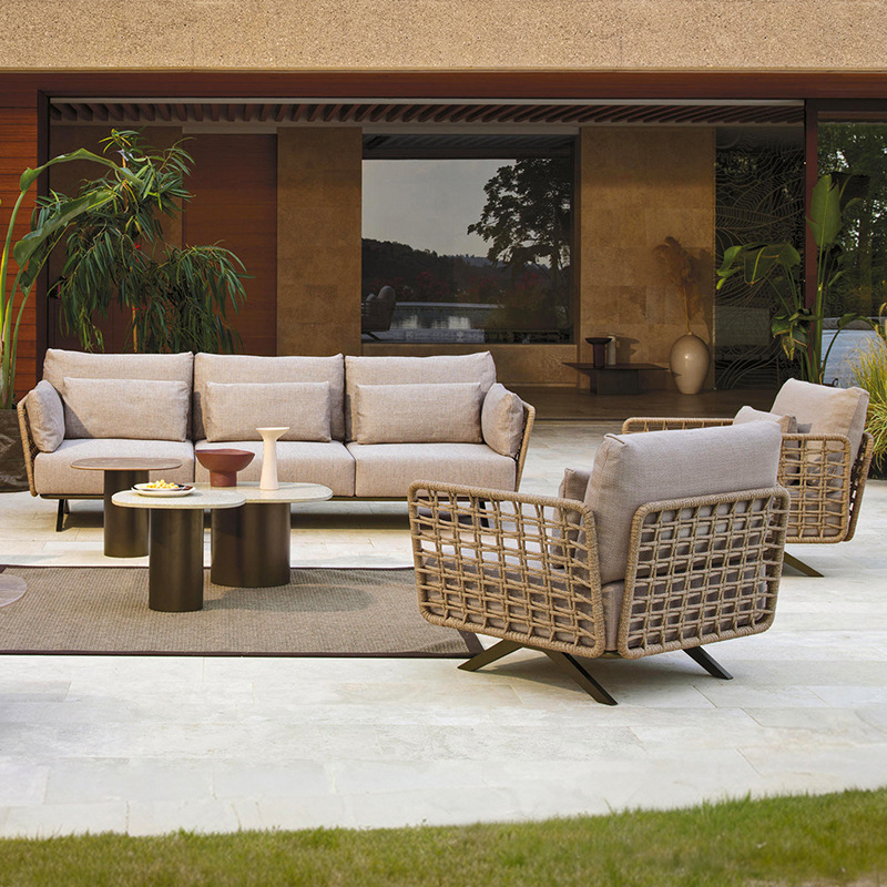 Sofá al aire libre patio terraza jardín villa balcón al aire libre a prueba de lluvia tela de caña ocio hotel mesa de té muebles combinados image 31