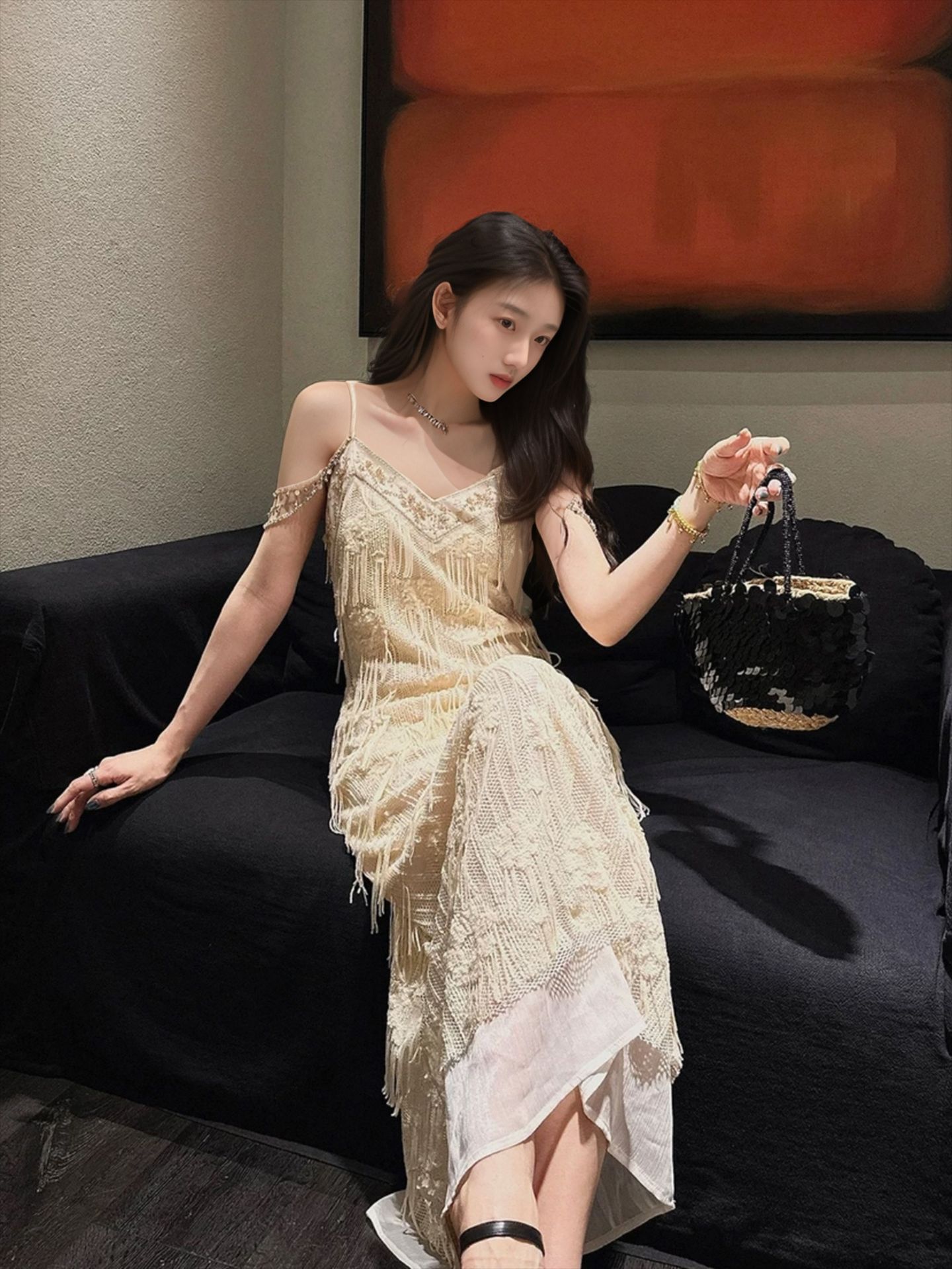Đầm dây tua rua thêu lưới đính cườm phong cách Trung Quốc mới ZX N7012 — đen obsidian, cơm hạnh nhân
