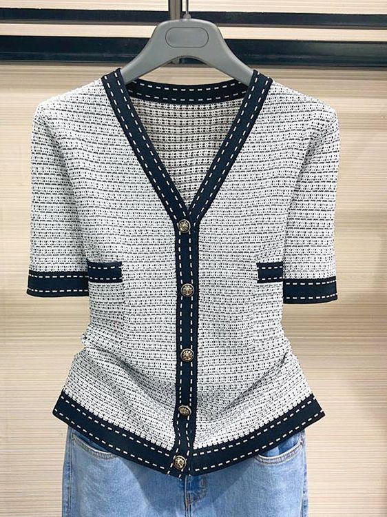 Áo cardigan nữ cổ chữ V tay ngắn dệt kim phong cách tiểu thư — Màu xám