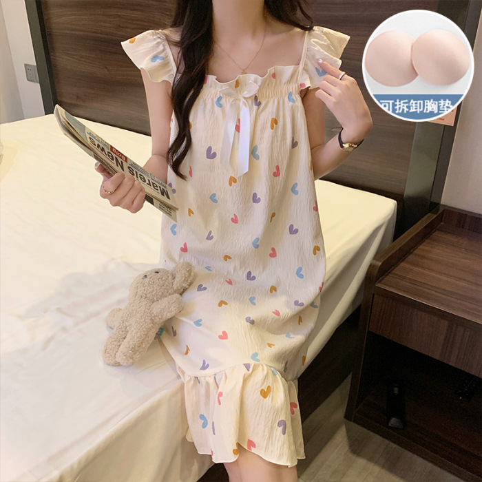 2024 con cojín de pecho ropa para el hogar nubes de verano algodón princesa pijama de viento delgado dulce y sexy vestido de pijama de la niña