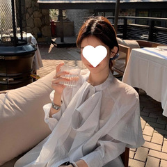 リボンシャツ女性のための 2025 新しいソリッドカラードレープルーズ長袖シャツ夏薄い日焼け止めと年齢軽減シャツ