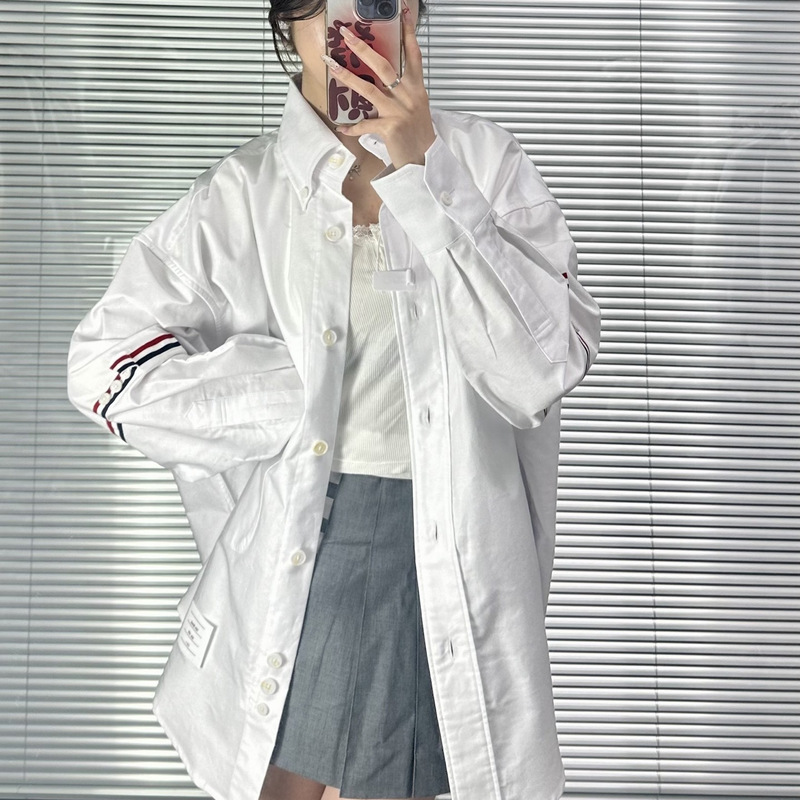 High-Quality New Spring and Autumn Style Women's Fashion Shirt with Double Sleeves and Red, White, and Blue Webbing Pointed Collar