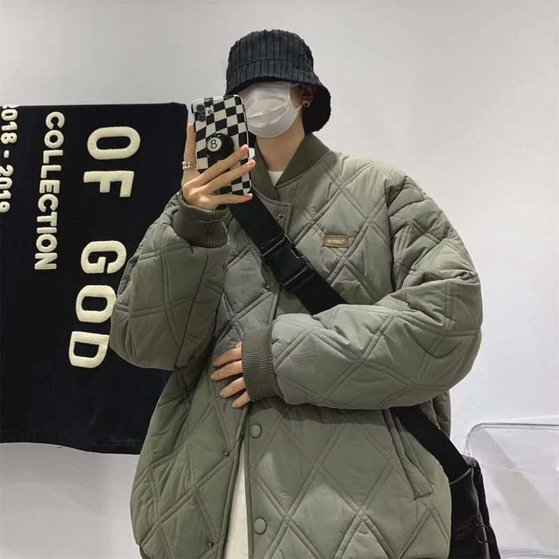 Diamond Plaid Baseball Cotton-padded Coat Men's 2023 Winter New American Style Retro Thickened Warm Cotton-padded Coat Trendy Brand Coat Top