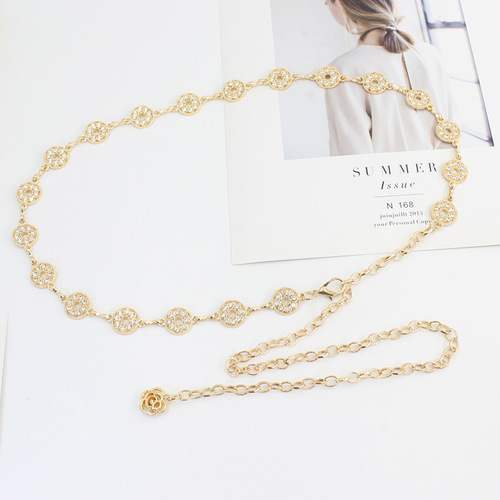 Hook adjustable waist chain for women, versatile skirt, sweater decorative chain, small fragrant rhinestone inlaid metal thin belt