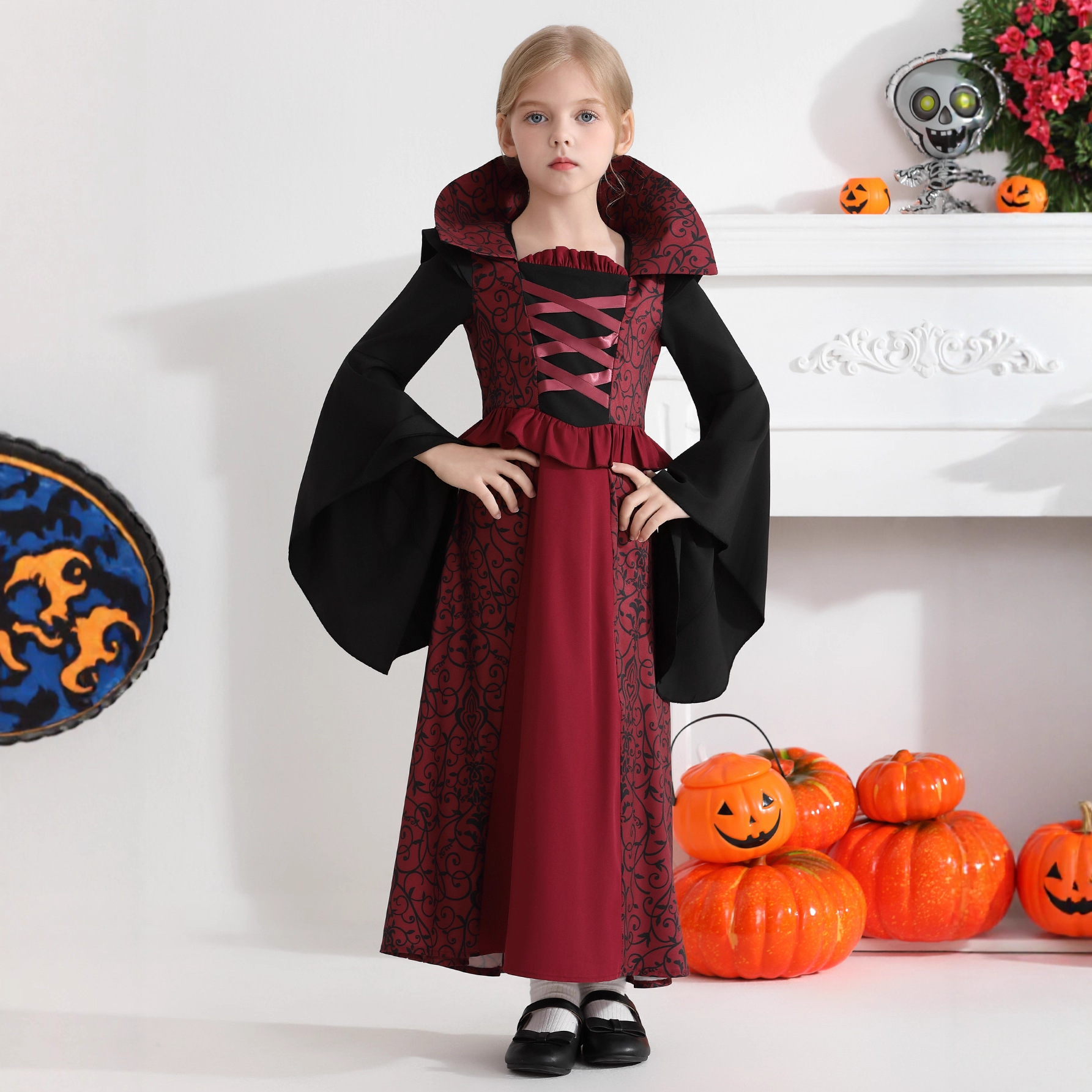 Dziewczęcy kostium wampira na Halloween, odgrywanie ról, średniowieczna królowa czarownic, pamiątki z występu_voghion.com