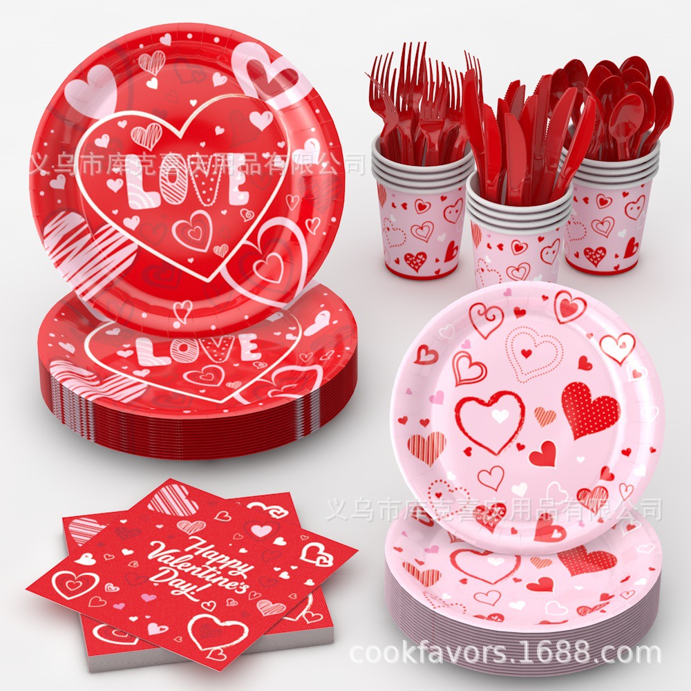 2025 Día de San Valentín decoración de la fiesta amor rojo bandeja de papel desechable taza de papel toalla set de cubiertos de fiesta