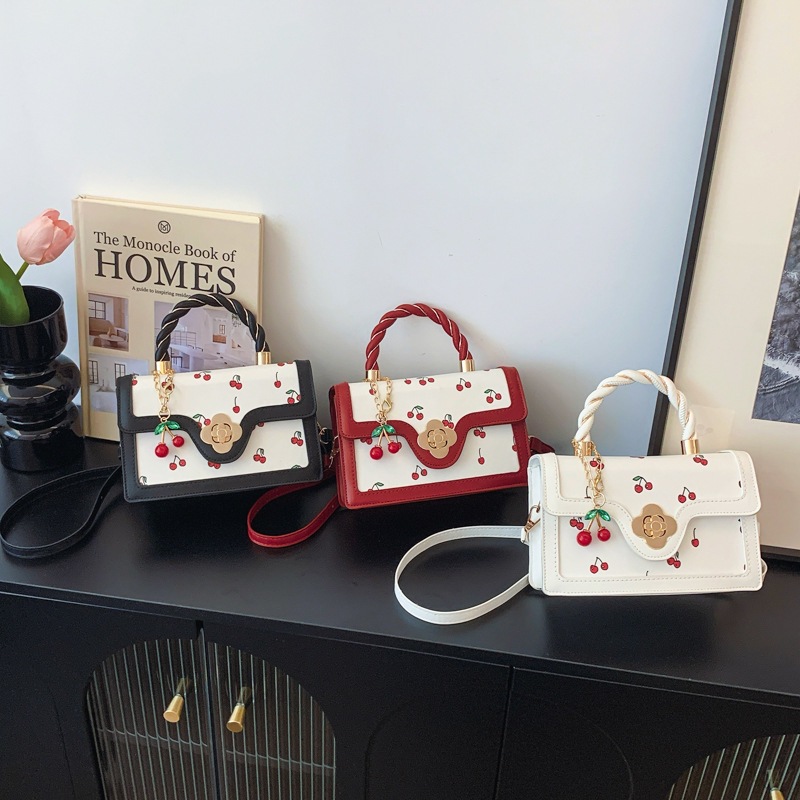 2024 New Cute Cherry Print Crossbody Bag, Twist-Handle Small Square Bag, Fresh Color-Blocking Design, Women's Bag