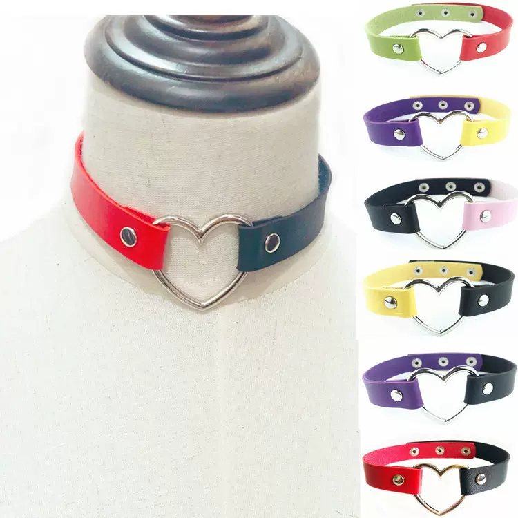 欧美跨境原宿pu皮双色桃心爱心项圈饰品时尚颈带脖链项链配饰