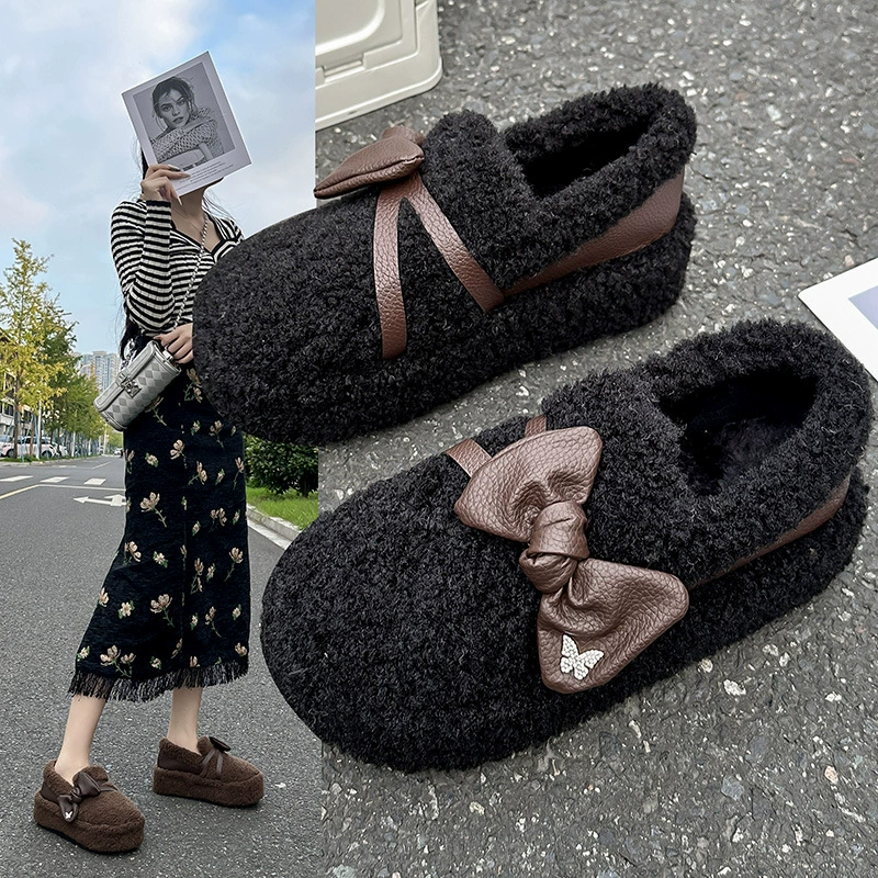 Модные банты меховые туфли женская осень-зима 2024 новая внешняя одежда мягкая подошва ягненка шерсть толстая подошва бархатная бобовая обувь