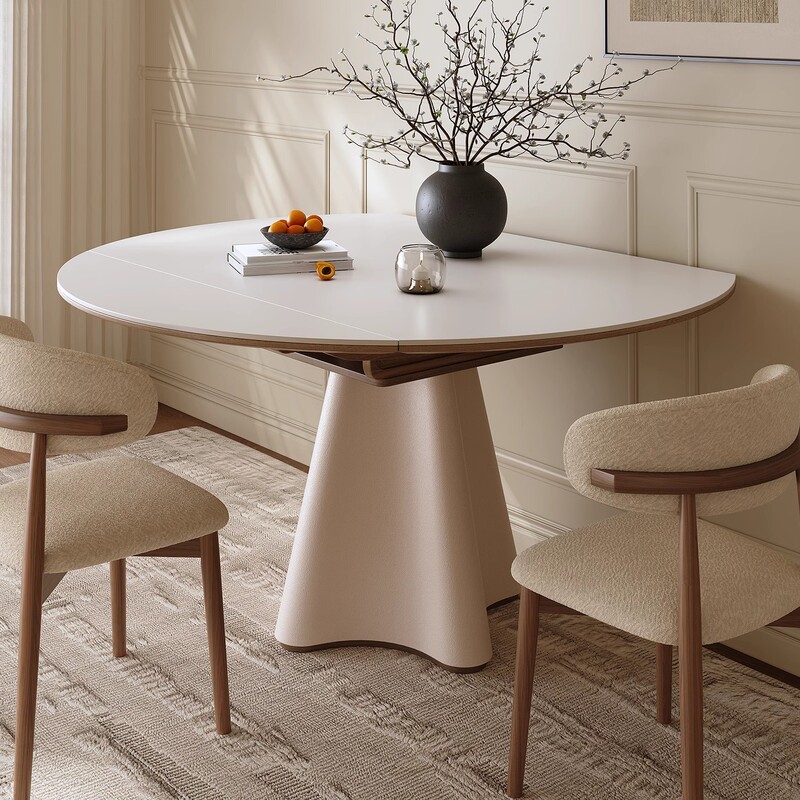 Dingliccheng French Slate Dining Table Variable Round Table Household Solid Wood Dining Table Small Apartment Cream Style Dining Table Simple