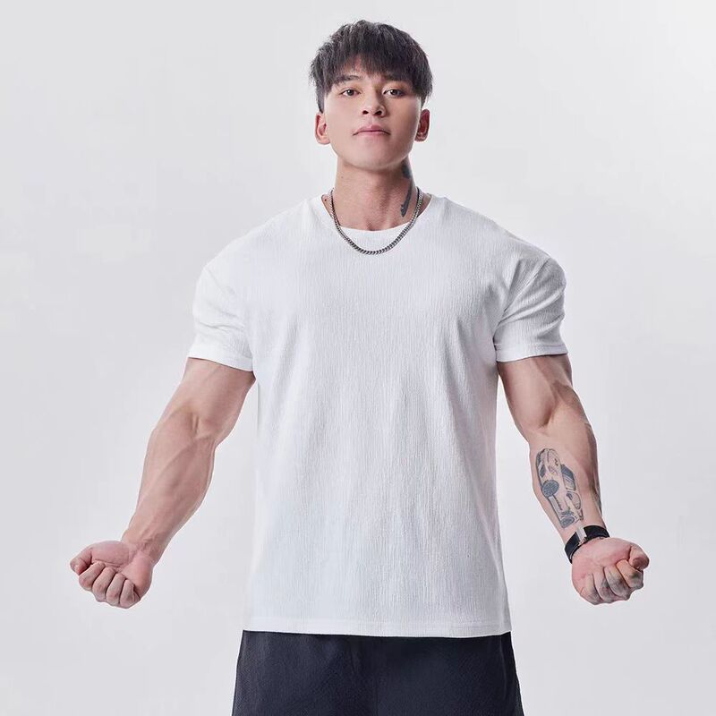 3D重磅显壮高级竹节纹型男健身T恤 夏季空气垫肩麻感休闲弹力短袖|undefined