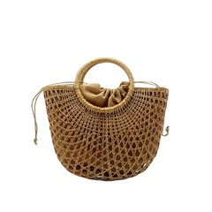 A new style yellow grass pure handmade woven hollow half-round women's top-handle bag, factory INS style, moon shape.