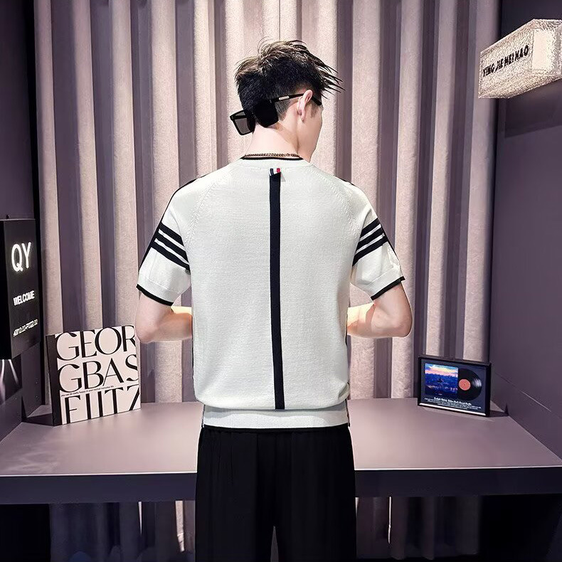 Polo camiseta de punto camiseta de manga corta hombre tres barras TB rayas tricolores aberturas camiseta vieja fábrica de viento de dinero transfronterizo mayorista