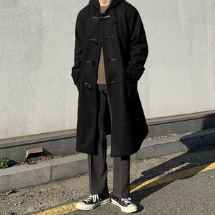 MYQ Japanese woolen overcoat men's mid-length coat hooded lapel jacket trendy men's woolen trench coat with horn buckle