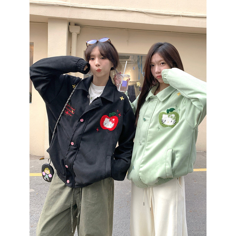 Korean Sweet Style American Retro Suede Apple Towel Embroidered Jacket Women's Autum Jacket Niche Loose Top