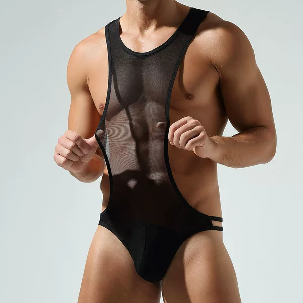 2024 new tauwell special for men's sexy vest jumpsuit mesh transparent sexy single T-shaped jumpsuit