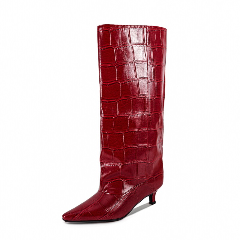 2026 New Retro Pointed-Toe Stiletto Stone-Pattern High Boots, Light Luxury Slimming Long Boots, Knee-High Wide-Leg Boots for Women