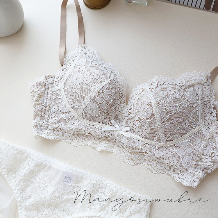 奶油提花蕾絲內衣女無鋼圈上托調整型收副乳小胸聚攏乳膠文胸套裝