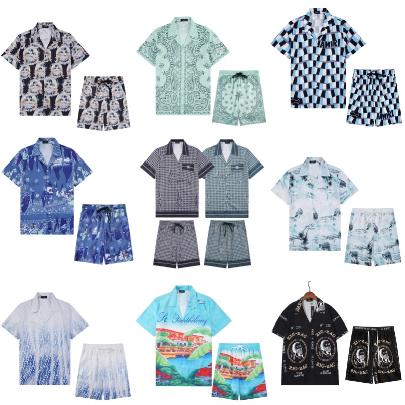 Cross-Border 2025 Summer Trendy Brand Amiri Men's Stylish Shirt Cardigan Fashion Short-Sleeve Shorts Two-Piece Set