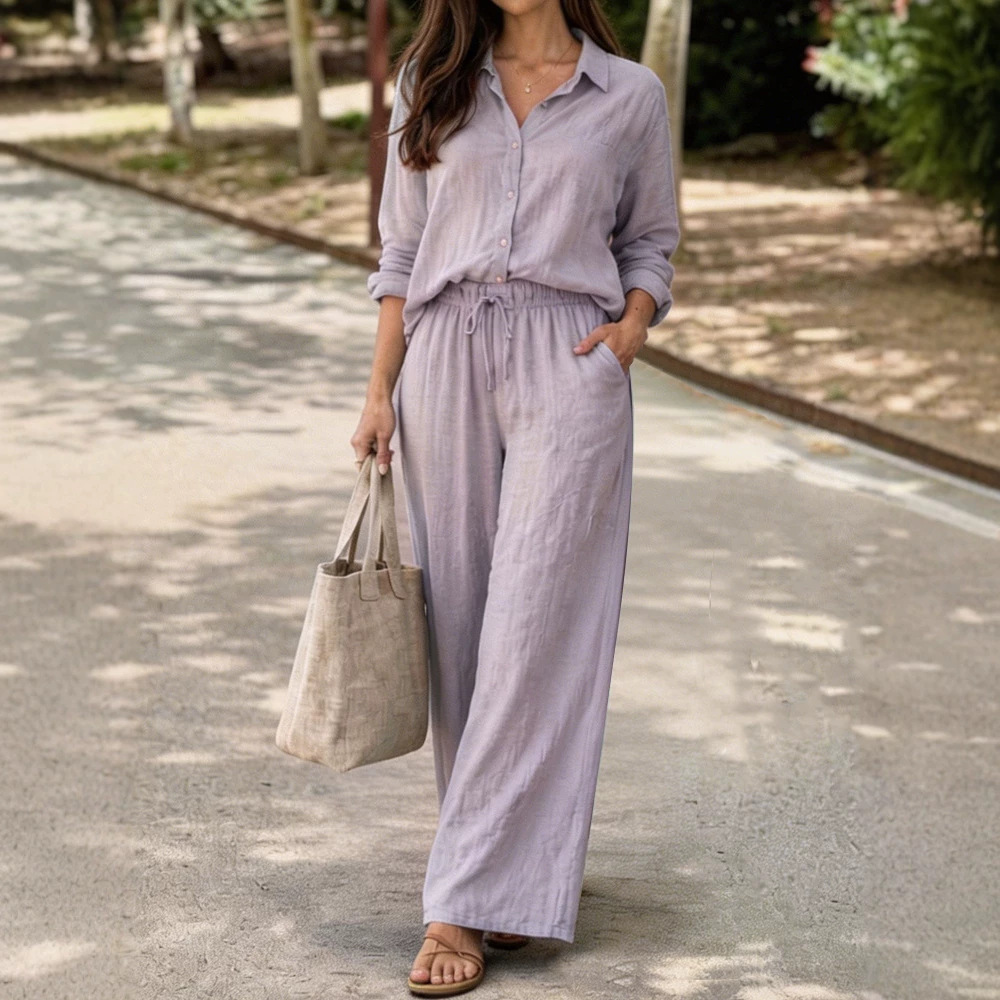 Women's Casual Lapel Pullover Long Sleeve Cotton Multi Color Set Washed Look Pants New_voghion.com