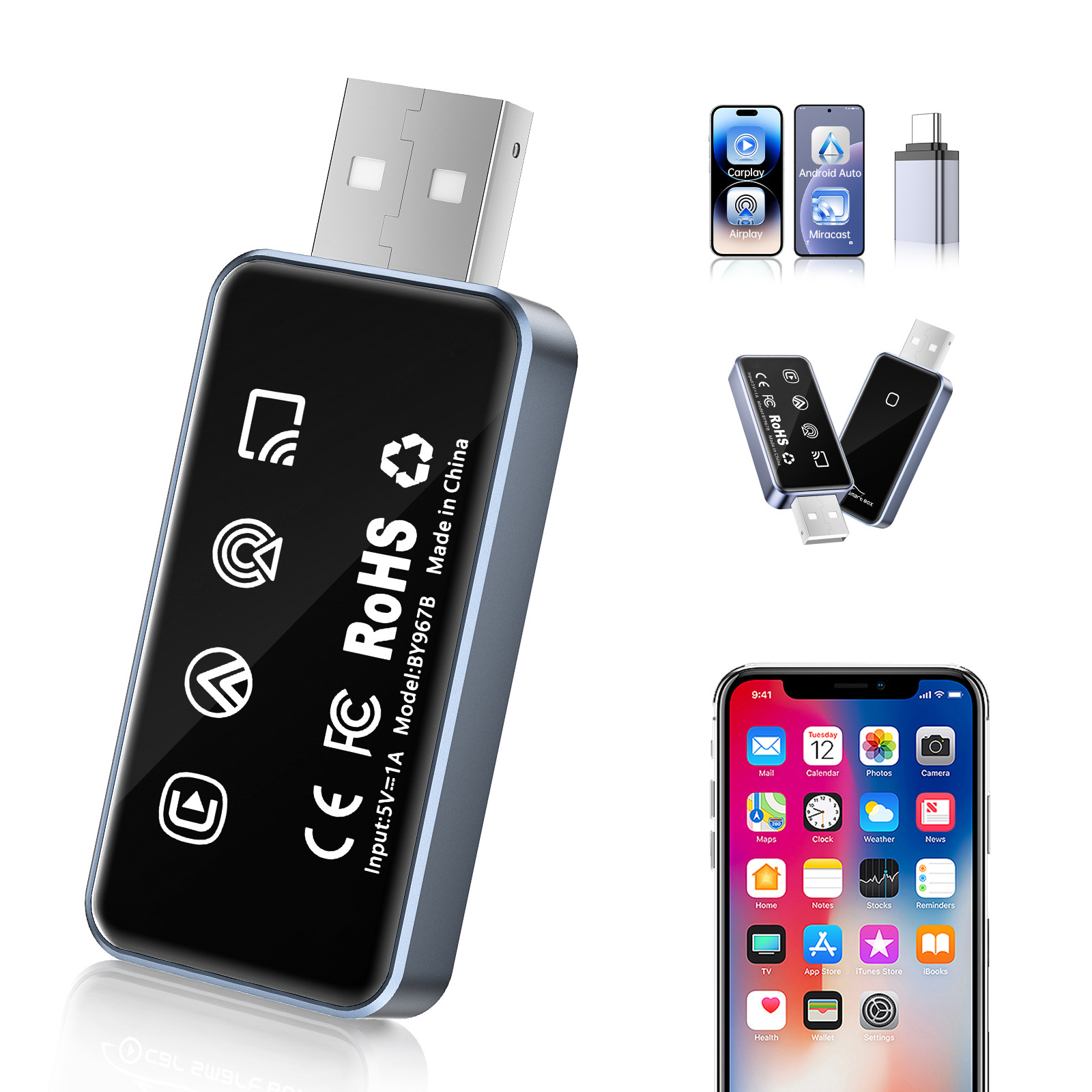 Carplay镜像连接适配器4合1支持2.4 5GHz WiFi蓝牙5.0即插即用