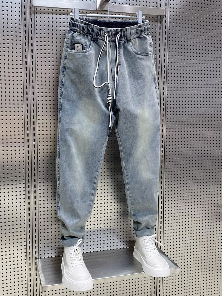 Summer thin men's ripped jeans, loose and trendy cropped with drawstring elastic casual Harlan pants, dad pants_voghion.com