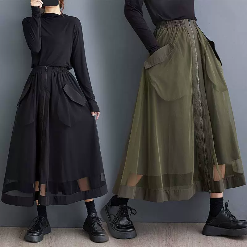Реальный осенний новый модный большой карман нишевые сетчатые юбки-юбки на молнии дизайн темперамента дикая эластическая юбка