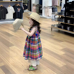 女童夏季森系疊穿休閒寬鬆毛球格子系帶吊帶裙+花邊休閒褲分開拍