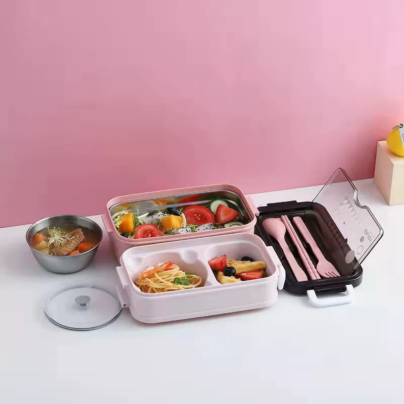 Double-Layer Lunch Box, Stainless Steel + PP, 1050 ml, Compact Bento Set