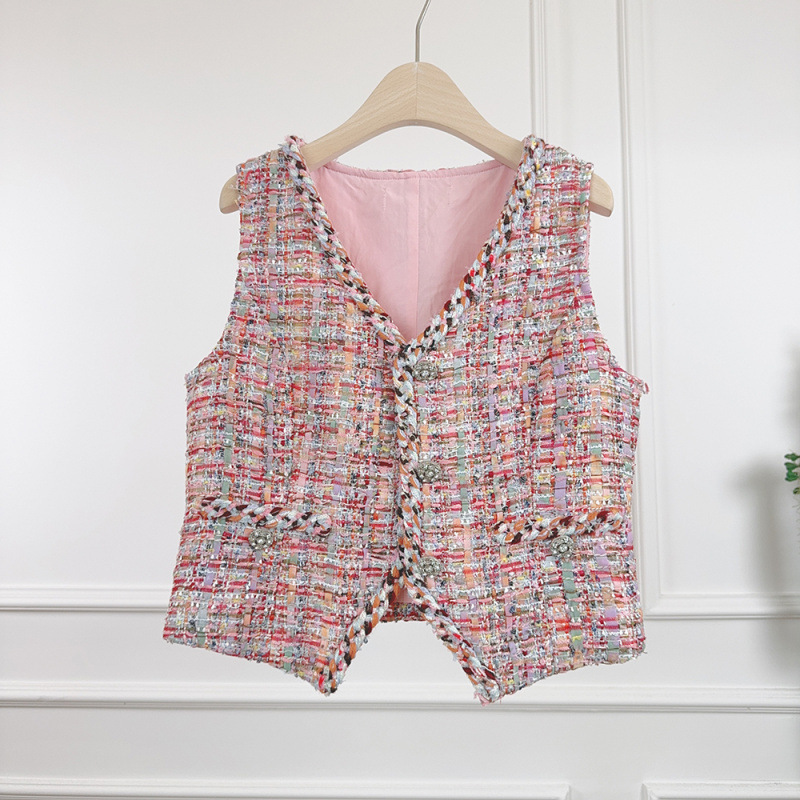 2025 Spring New Versatile Retro Socialite Style Multicolor Mixed Color Woven Tweed Collar Short Vest