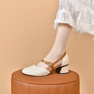 High Heel Sandals Women's 2024 Summer Colorblock Hollow Sandals Round Toe Perforated Hollow Mid-Heel Cowhide Fashion Shoes