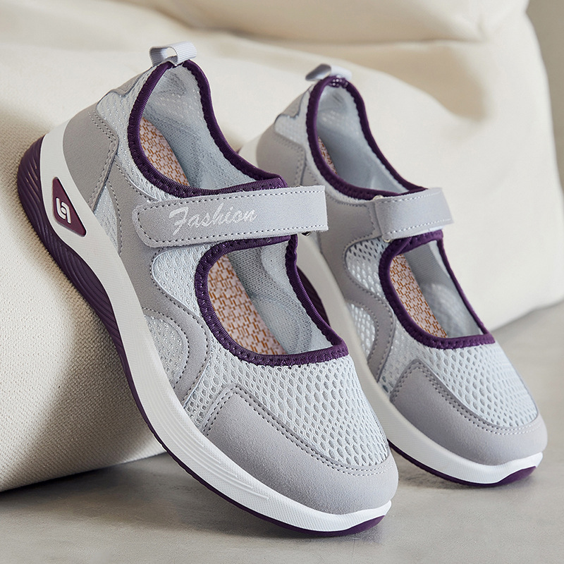 Zapatos mujer 2024 verano nuevos zapatos para caminar malla transpirable zapatos de mujer zapatos de madre de mediana edad y ancianos zapatos de velcro individuales