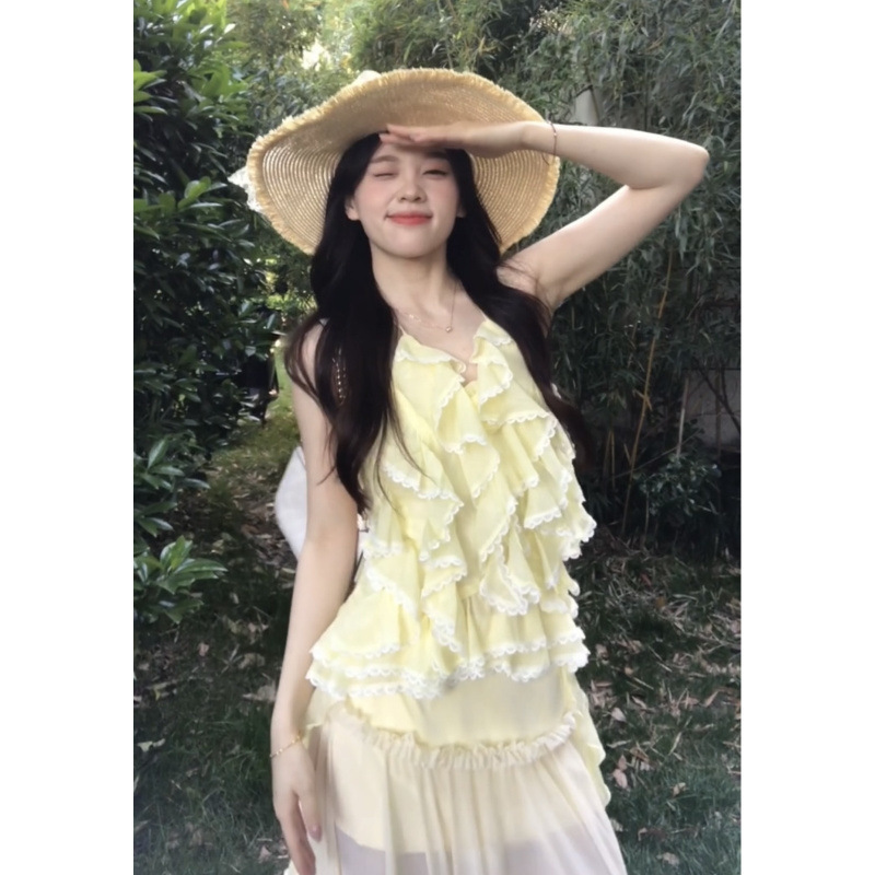 法式度假风套装女夏季辣妹荷叶边挂脖吊带甜辣玫瑰半身长裙两件套|undefined