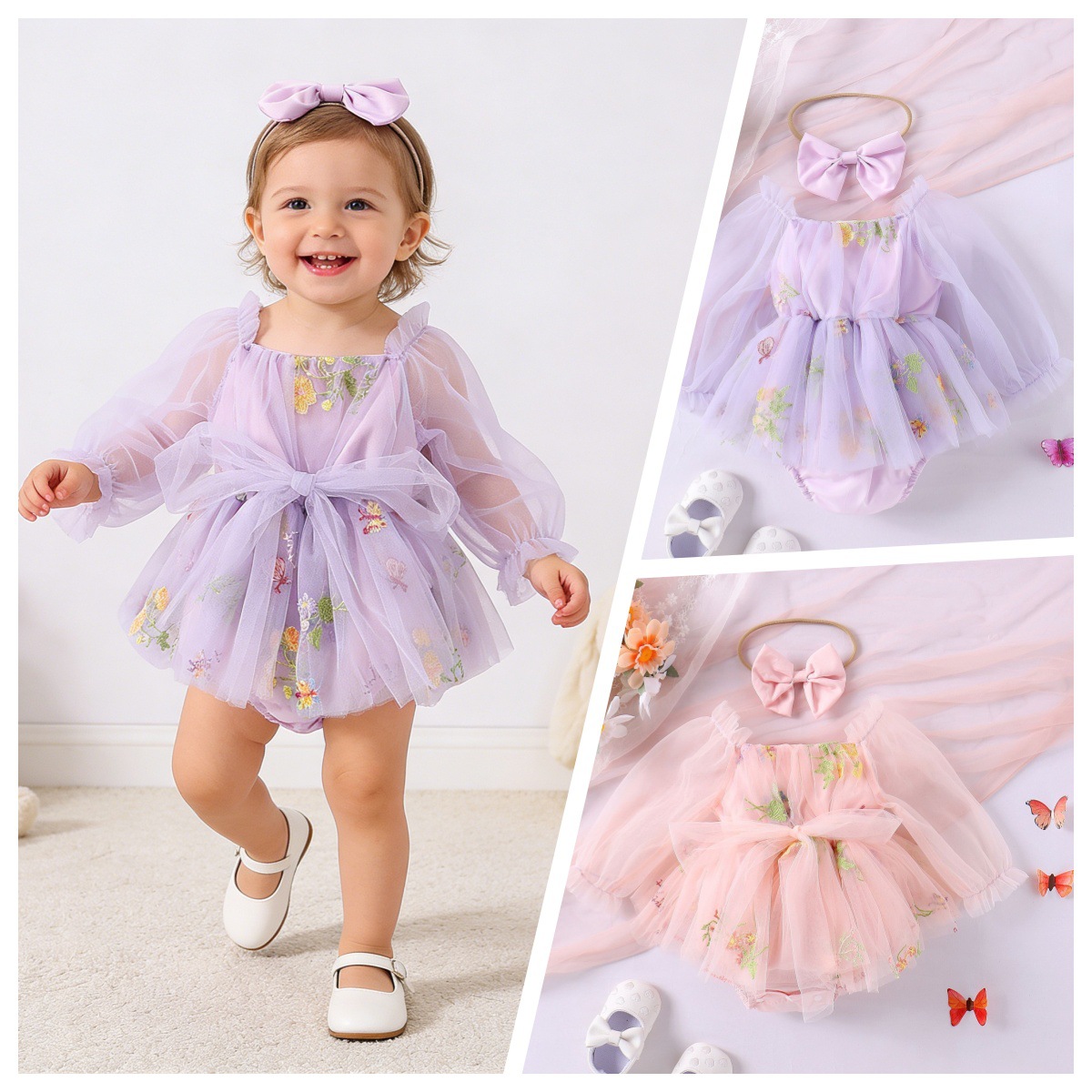 Amazon autumn and winter baby girl jumpsuit baby long sleeve mesh flower embroidery skirt bag fart ha clothes