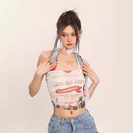 2024欧美外贸辣妹印花无肩带抹胸背心女夏季修身网纱小众内搭上衣